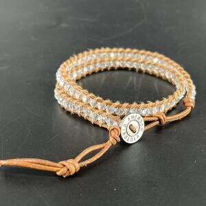 Victoria Emerson Clear Crystal Beaded Adjustable Boho Wrap Bracelet Brown/Tan